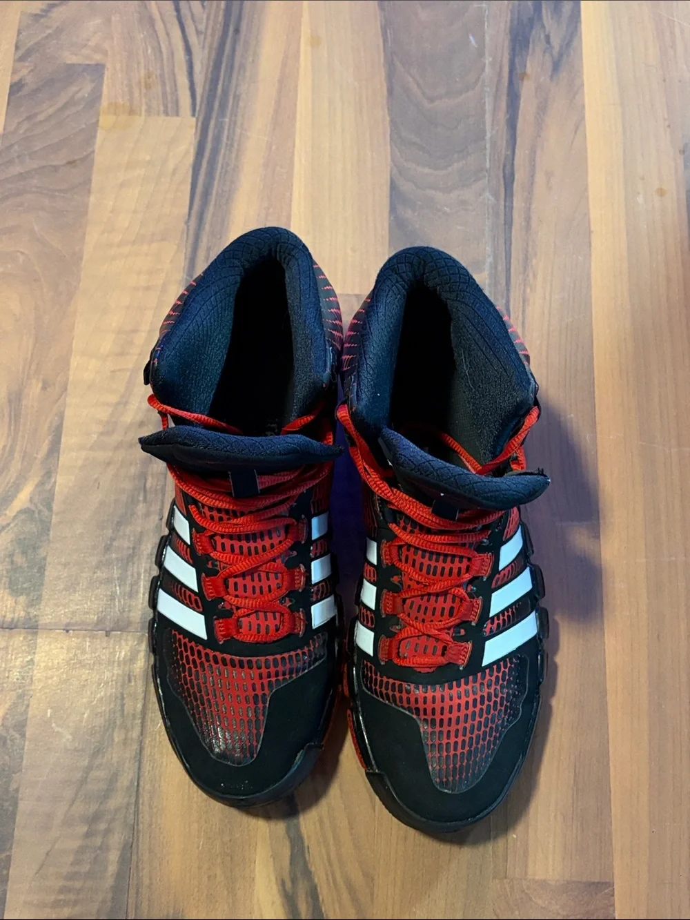adidas Red Black and White High-Top Athletic Shoes